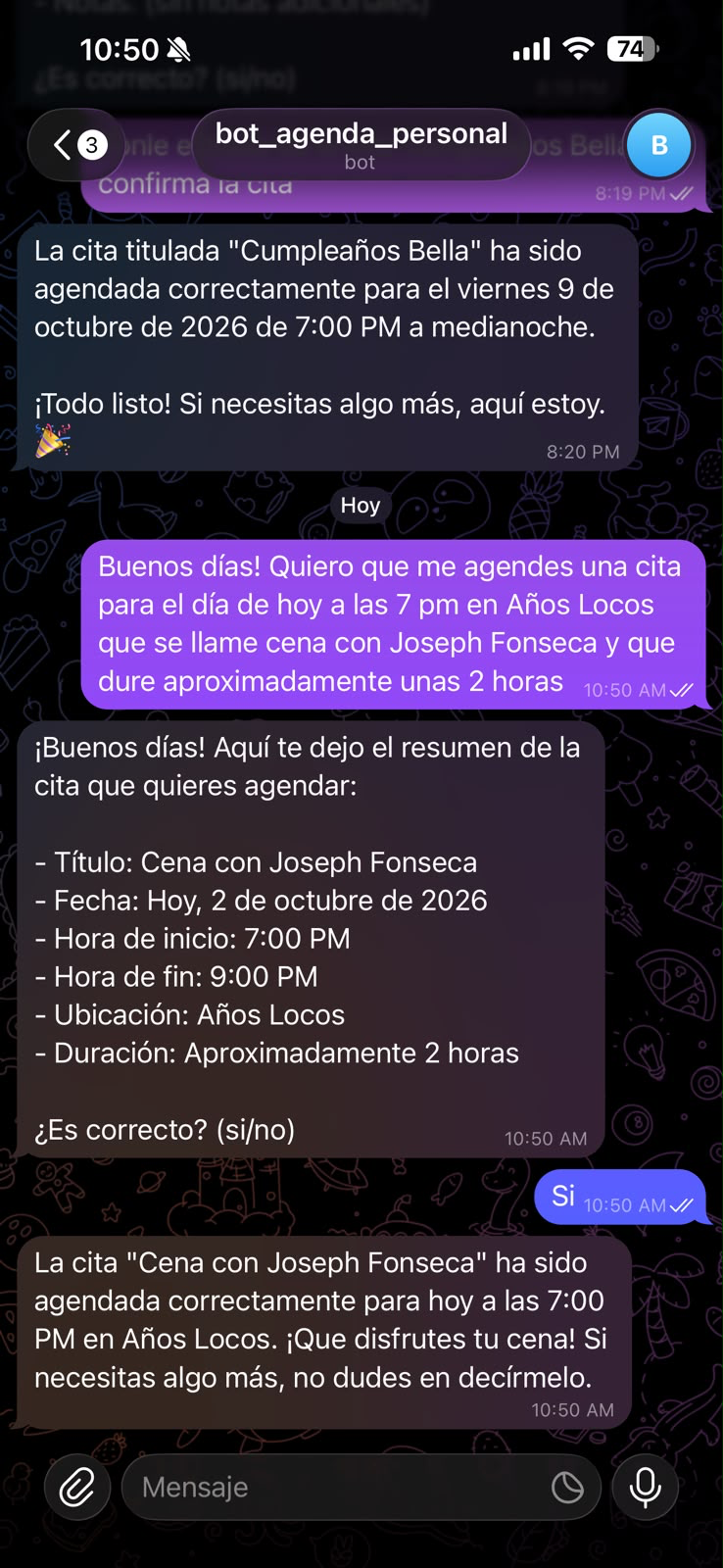 Chat de Telegram con el bot que agenda citas para Esteban